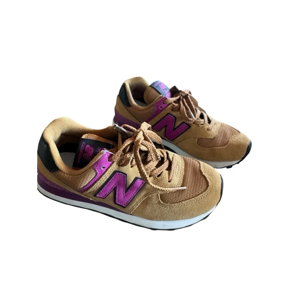 New Balance 574 Women's Workwear Jewel Size 6 Sneakers Tan Suede‎ Purple Accents